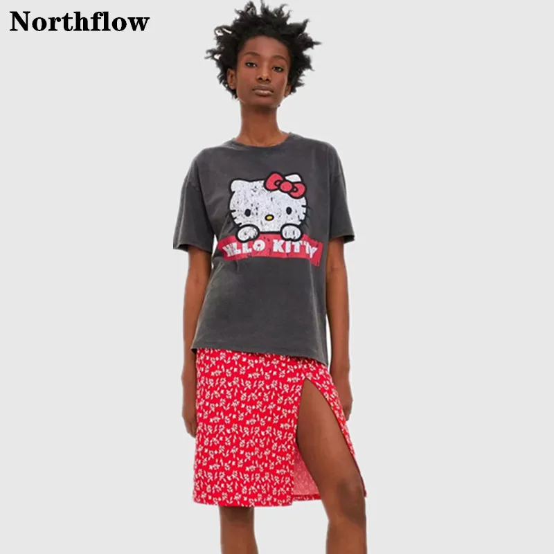 Northflow 2019 летняя футболка Топ для женщин с принтом милый мультфильм Хелло Китти О