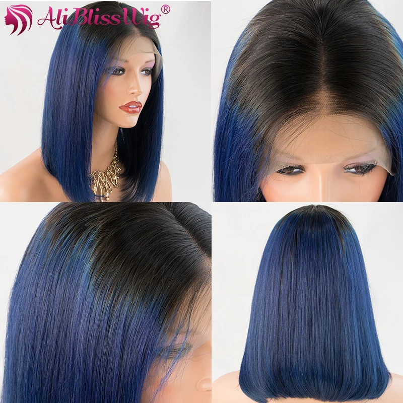 Синий Омбре 4 дюйма кружева передние парики Красочные Короткие Боб человеческих волос парики для женщин бразильские Remy полный конец AliBlissWig