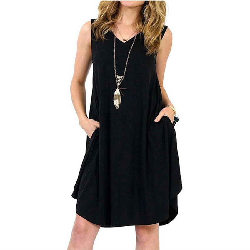 

Casual V-Neck Vest Mini Dress Women Solid Sexy Sleeveless Loose Plus Size 5XL 8 Color Summer Dress Fashion Simply Pocket Vestito