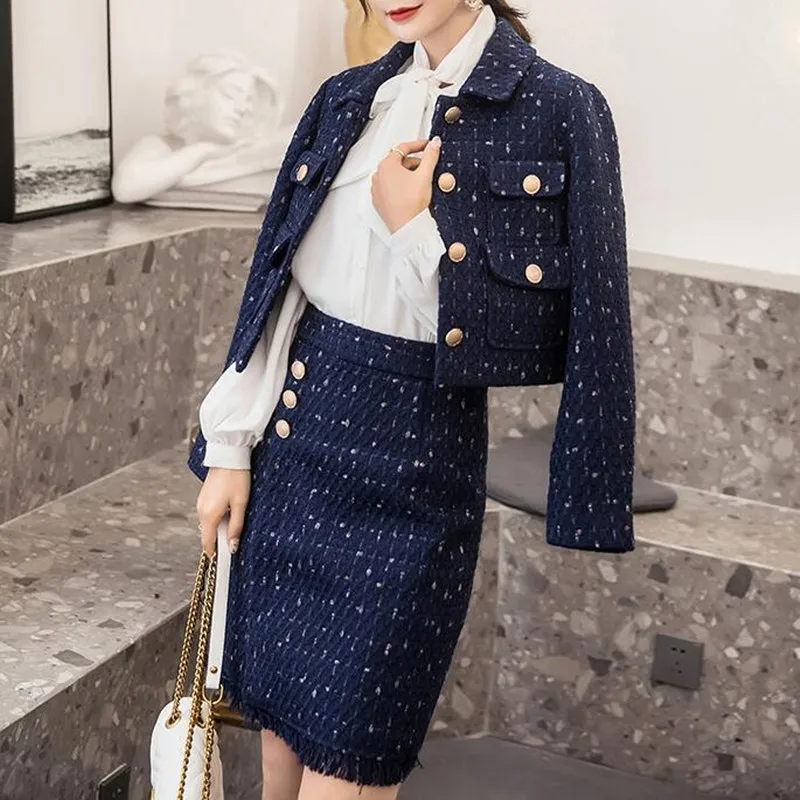 Herfst Winter Lange Mouwen Jasje Blazer Plaid Tweed Mini Rok Past Vrouwen 2 Stuks Sets Elegant Office Dames Bovenkleding