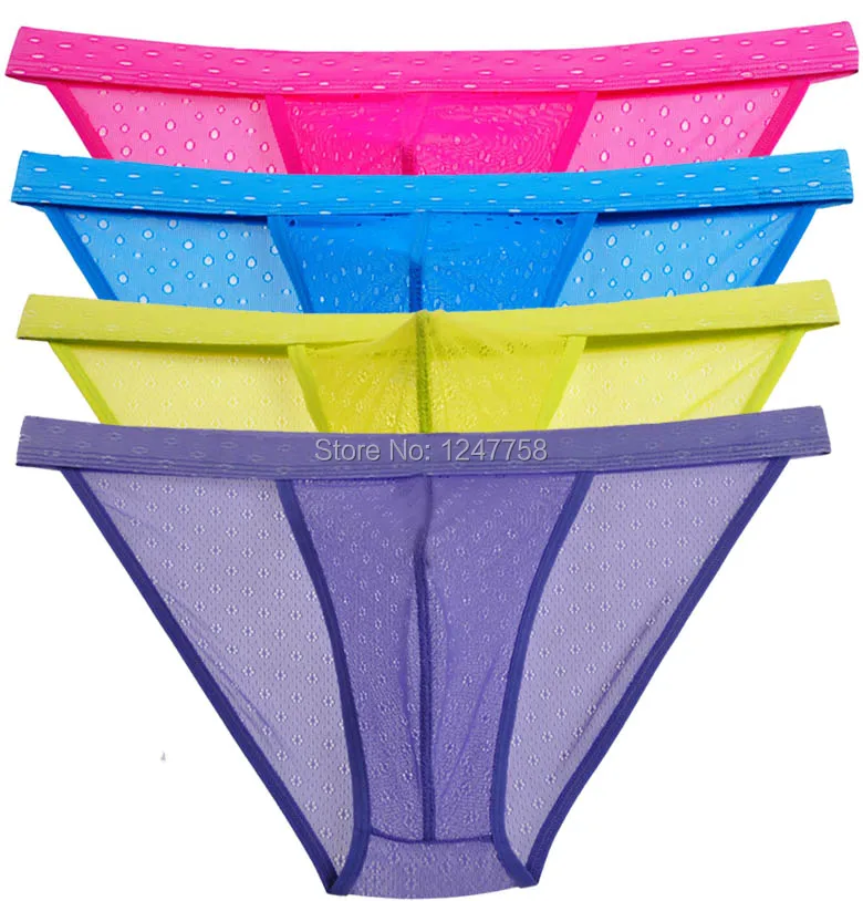 

4Pcs/Lot Mens Sheer Jacquard Lace Bikinis Pants Underwear Mesh Belt Open Side Mini Briefs