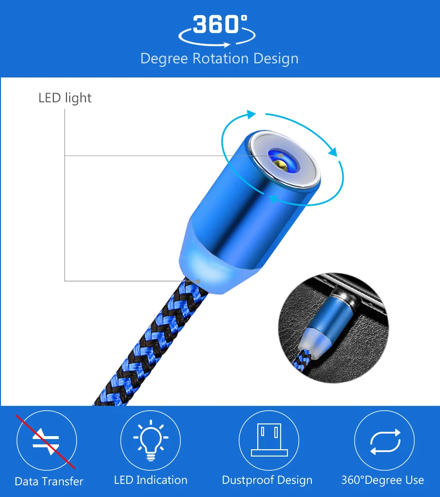 1 м 2 м светодиодный светильник Магнитный кабель типа C нейлоновая оплетка+ металлический алюминиевый сплав Micro IOS USB C Магнитный кабель для быстрой зарядки синий
