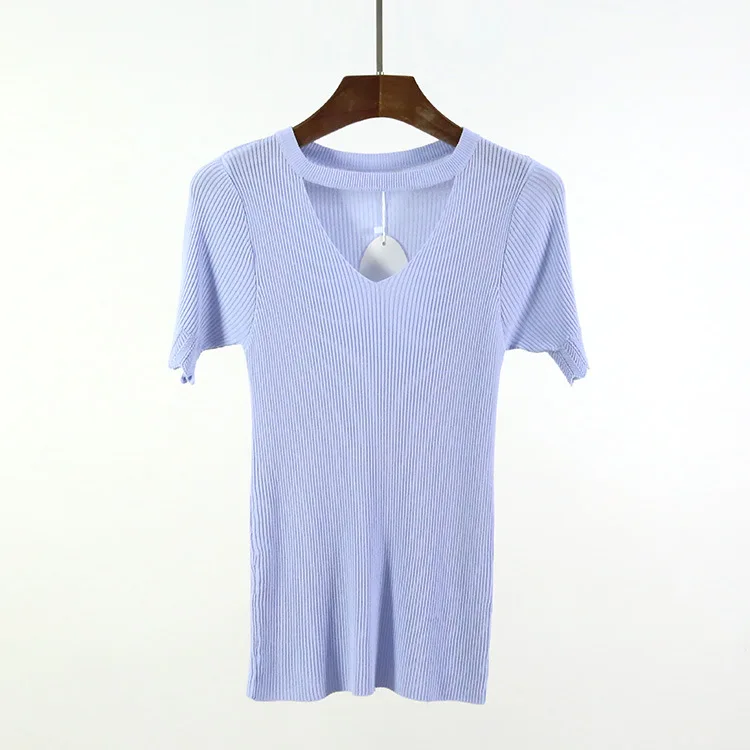 Summer Knitted Shirt Women Sweater Jumper Pullover Short Sleeve T Shirts Cut Out V Neck Chunky Choker Sweaters pull femme 1612