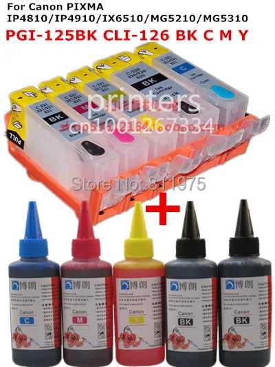 For CANON PIXMA IP4810 IP4910 IX6510 MG5210 MG5310 printer PGI125 CLI 126 refillable ink