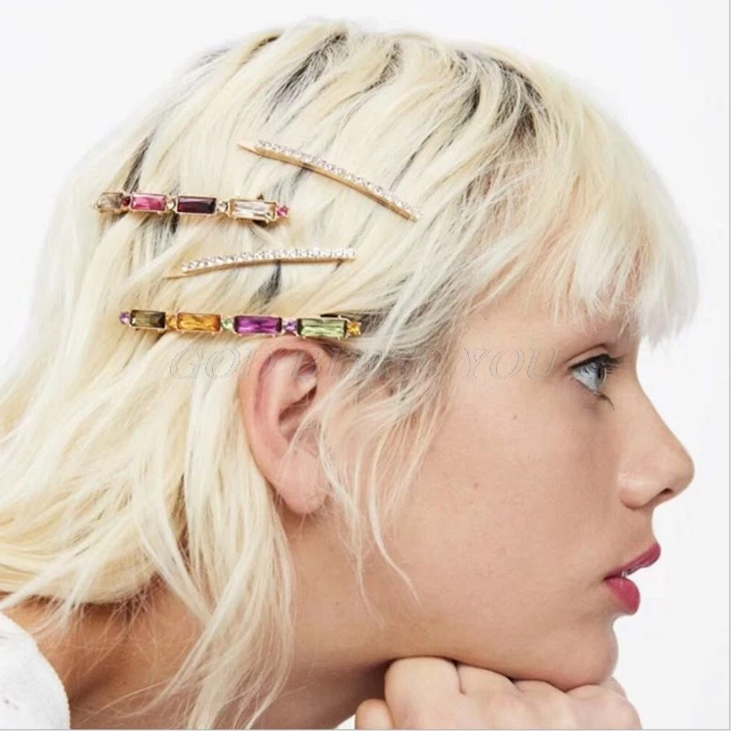 4Pcs/Set Women Side Bangs Decorative Hair Clips Colored Faux Diamond Glitter Rhinestone French Spring Hairpins Jewelry Barrette