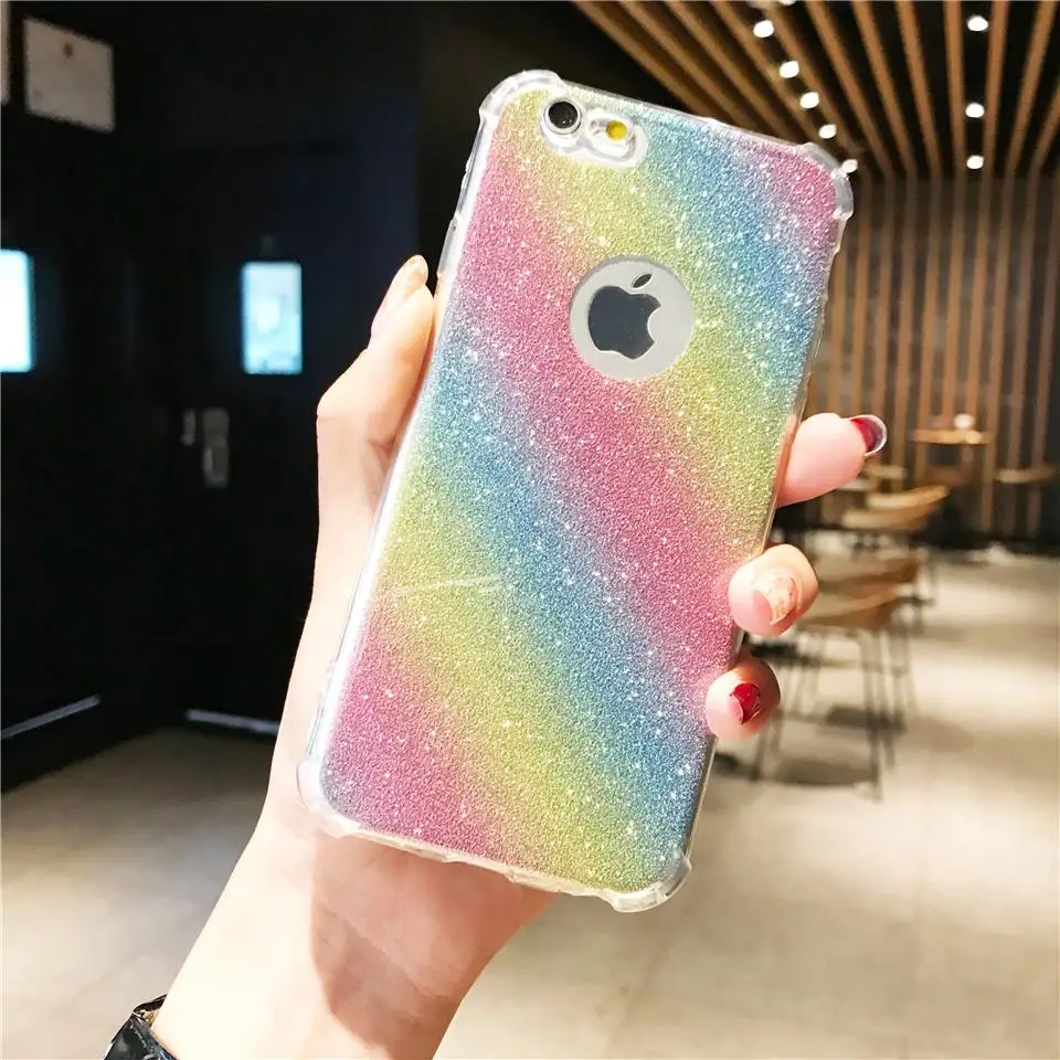 Противоударный Блестящий 2 в 1 Радужный чехол для iPhone 6 SE 7 8 Plus X XR XS MAX TPU Samsung J3 J5 J7 Pro