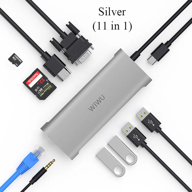 WIWU 11 в 1 мульти usb-хаб для MacBook Pro USB адаптер док-станция для зарядки type-c концентратор HDMI RJ45 VGA USB разветвитель 3,0 USB C концентратор - Цвет: Silver