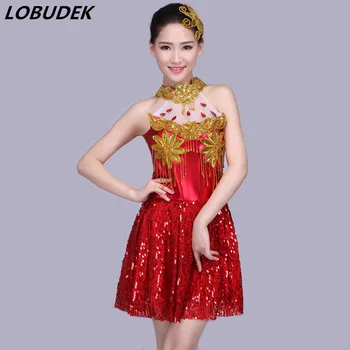 

Red Beading Sparkly Sequins Dress Female Dance teams Modern dancing Costumes Sexy Prom stage performance one piece short dress