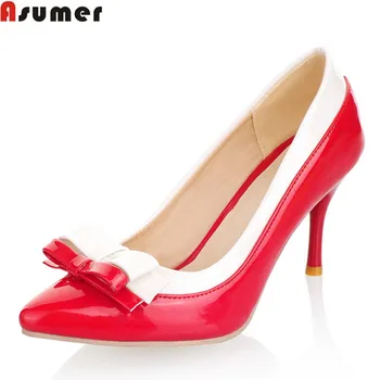 

ASUMER size 30-45 new arrival 2020 women pumps fashion bowtie pu party shoes woman thin heels pointed toe slip-on lady shoe