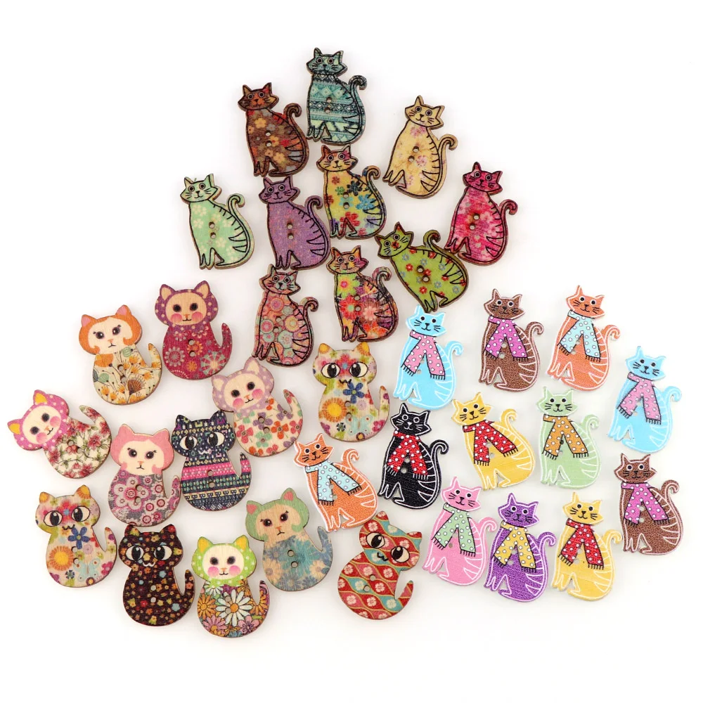 50Pcs Cute Cat Boutons 2 Trous Mixte Couleur Boutons Sewing Flatback À faire soi-même Connecteurs