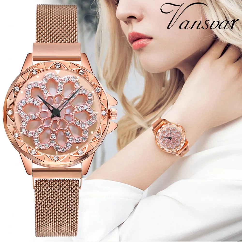

Fashion Rotate Flower Dial Women Watch Luxury Diamond Ladies Quartz Clock Magnetic Waterproof Female Wristwatches Girl Gift 2019