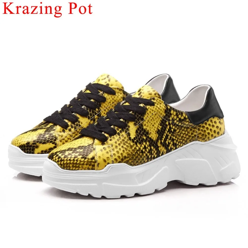 

Krazing Pot fashion snakerskin grain natural leather thick bottom lace up platform sneakers casual wear vulcanized shoes L10
