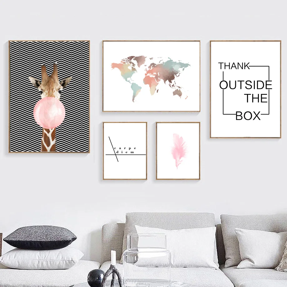 

Watercolor World Map Giraffe Landscape Wall Art Canvas Painting Nordic Posters And Prints Wall Pictures For Living Room Decor