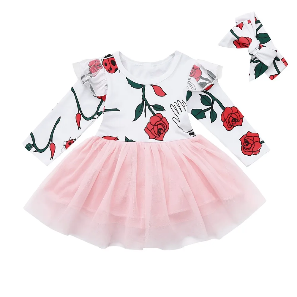 

Toddler Infant Baby Girls Ruffles Rose Floral Print Patchwork Princess Dresses conjunto infantil menina dress for girl elegant