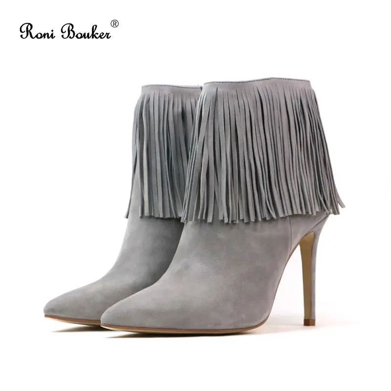 

Woman Fringe Ankle Booties Suede Leather Pointed Toe High Heels Handmade Autumn Shoes SIZE 42 2018 New Spring Autumn