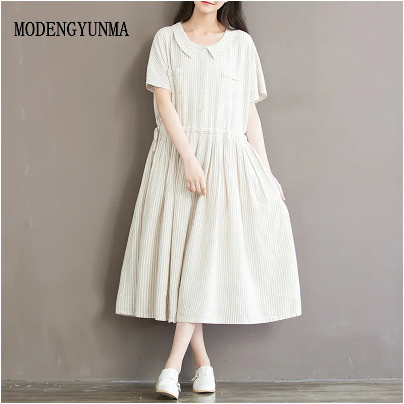 

MODENGYUNMA Maternity summer long Dress Linen Clothes For Pregnant Women Dress peter pan collar Stripes Pregnancy Clothe 2018