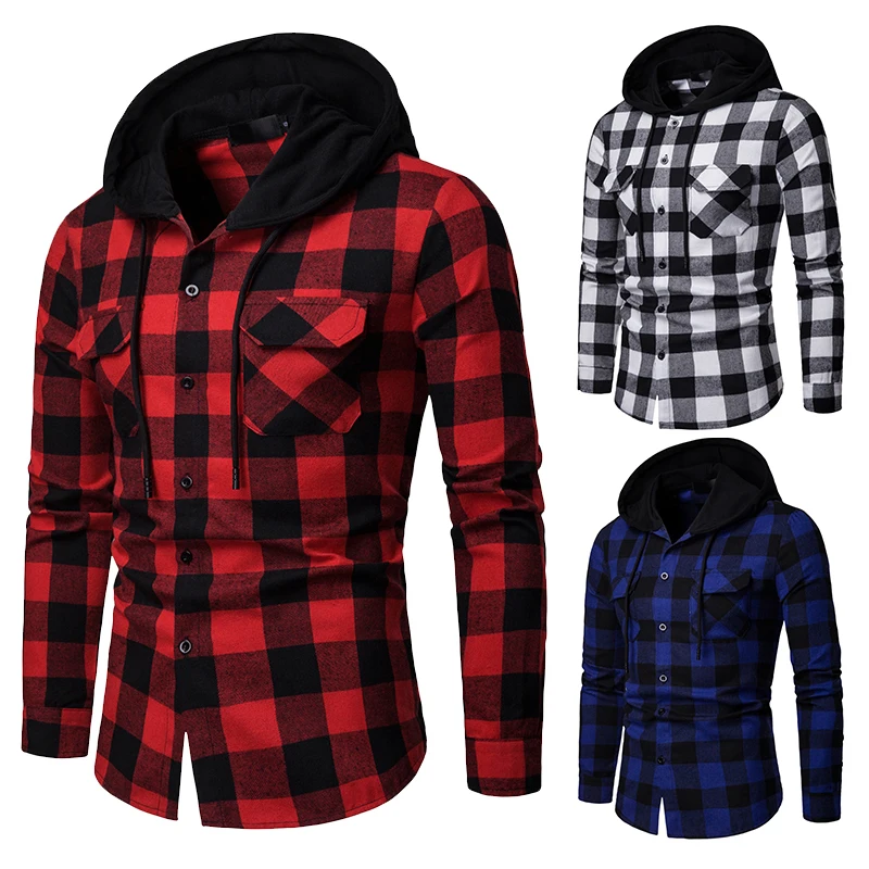 Goedkoop Nieuwe 2019 Shirt Mannen Lente Hot Koop Kwaliteit Plaid Shirts Hooded Uitloper Lange Mouw Toevallige Mannelijke Chemise Homme EU Size s XXL