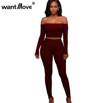 

Wantmove 6 color 2 piece set women knitting suit off shoulder long sleeve high waist pants outfit two piece crop top set WM134