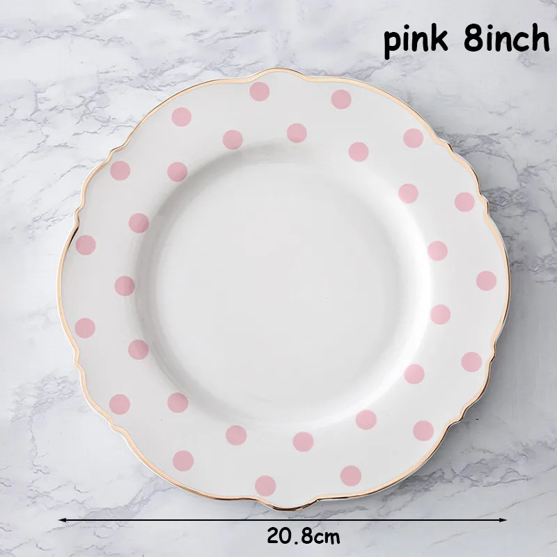 10 дюймов лоток для еды с золотым краем набор посуды в горошек набор тарелок для супа блюда для бифштекса плоская тарелка в форме цветка посуда для завтрака - Цвет: Pink flat 8inch