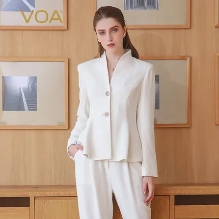 VOA Весна размера плюс офис леди короткий Сплошной Белый Тонкий деловой костюм для женщин Базовая Туника жакет тяжелый шелк короткое пальто W306 - Цвет: Белый
