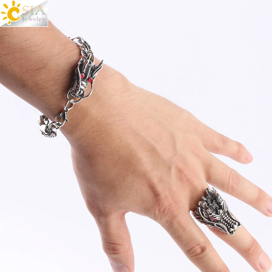 

CSJA Gothic Jewelry Sets for Men Antique Silver Dragon Bracelet Band Ring Jewellery Sets Male Best Birthday Christmas Gift S207