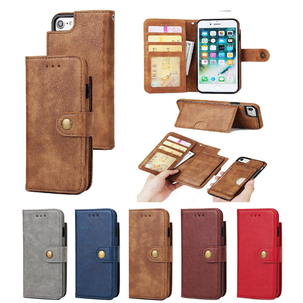 Magnetic Removable Stand Wallet Card Case Cover for Apple IPhone 7 6 6S Plus Samsung Galaxy