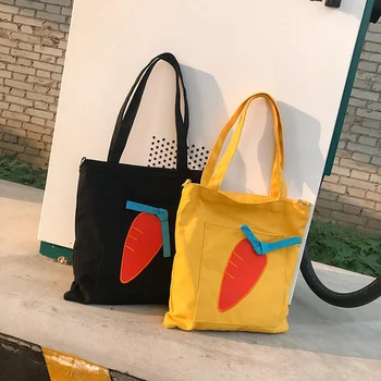 

Canvas Cloth Bag Carrot Pattern Eco Shopping Bag for Woman Single Shoulder Black Yellow School Book Bag Preppy Style