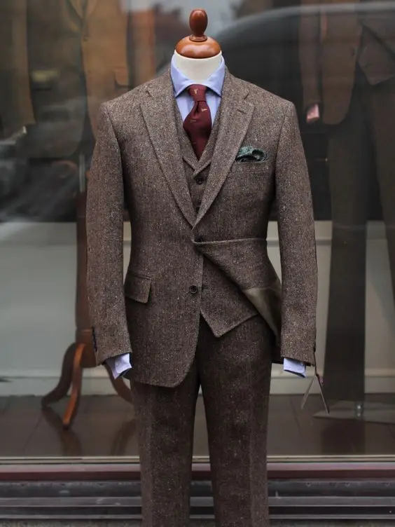 2017 Latest Coat Pant Design Brown Tweed Men Suit Slim Fit