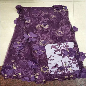 

High Quality Tulle Lace 3D Flower African Lace Fabric With stones Beads African French Wedding Lace Fabric For 5yards Purple