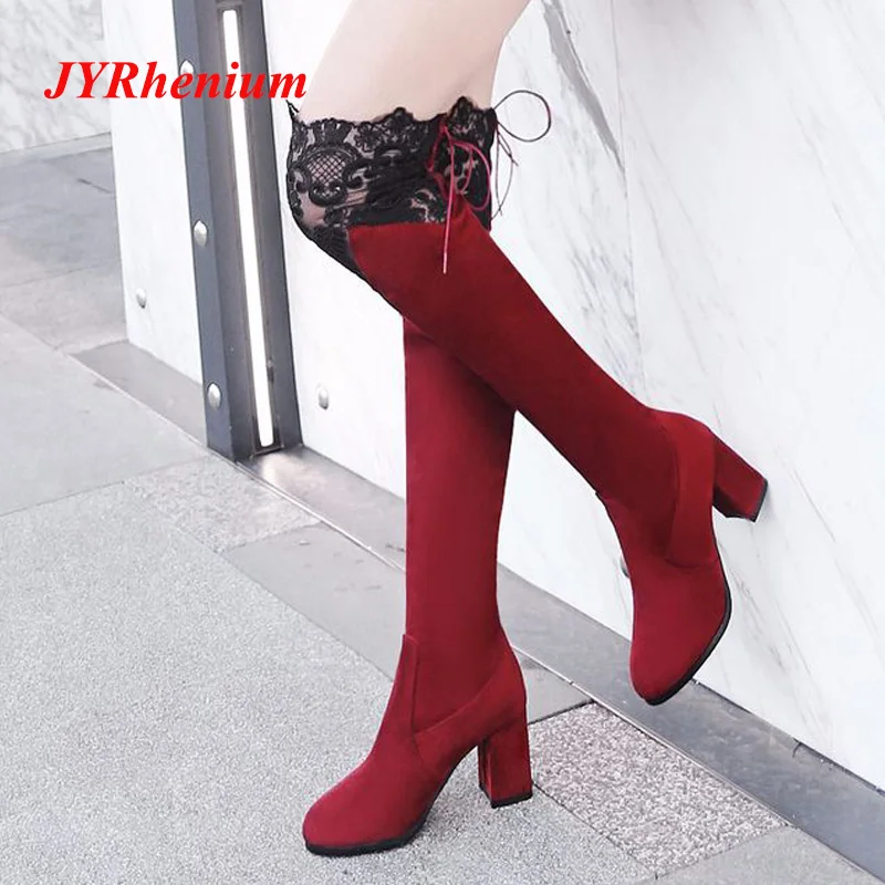 

JYRhenium 2018 New Fashion Sexy Women Boots High Heels Lace Over Knee Boots Female Winter Shoes High Boots Plus Size 34-43