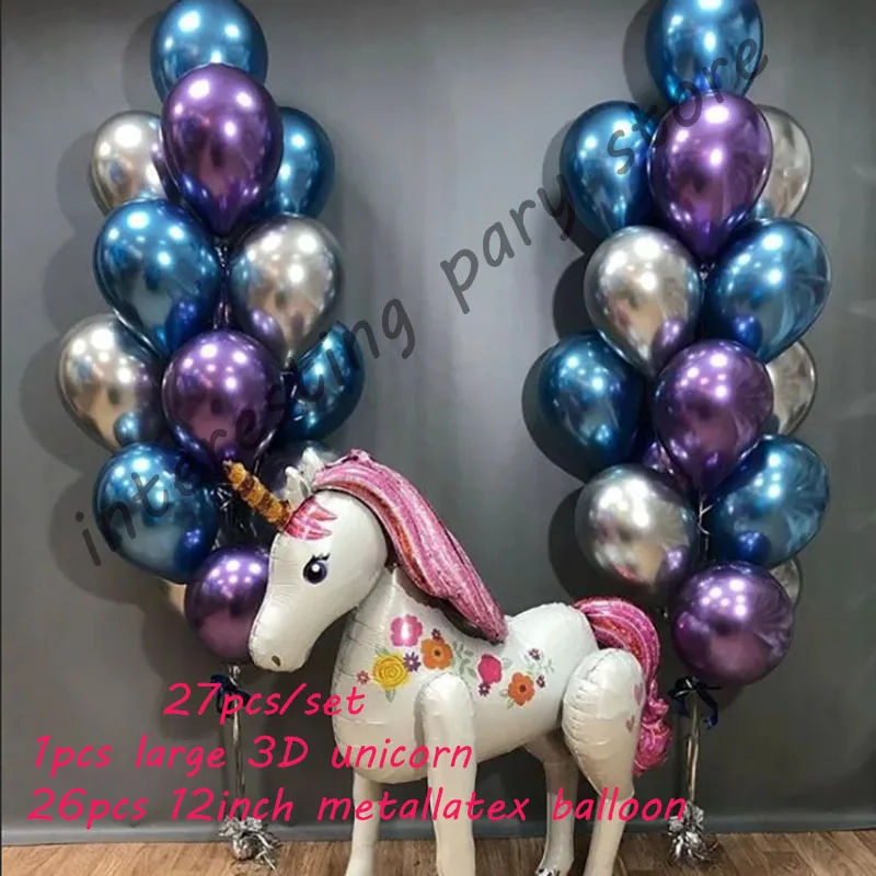 style 1 27 шт., большие 3D шары в виде единорога, металлические латексные шары в виде единорога, тематические вечерние украшения для детского дня рождения, детские игрушки, сувениры - Цвет: style 1