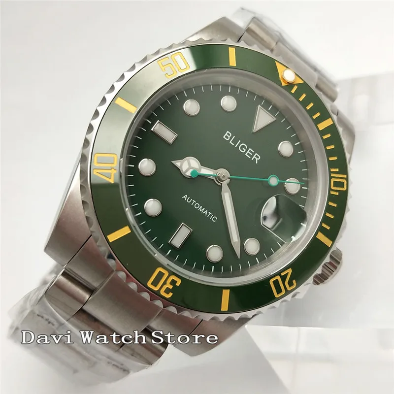 

40mm Bliger Green/Black Ceramic Bezel Luminous Automatic Men's Wrist Watch