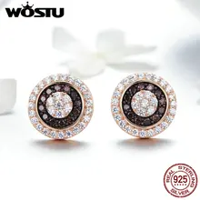 WOSTU,, 925 пробы, серебряные, розовые, золотые, круглые серьги-гвоздики, прозрачные, CZ ювелирные изделия, крошечные серьги для женщин, свадебный подарок, FIE509