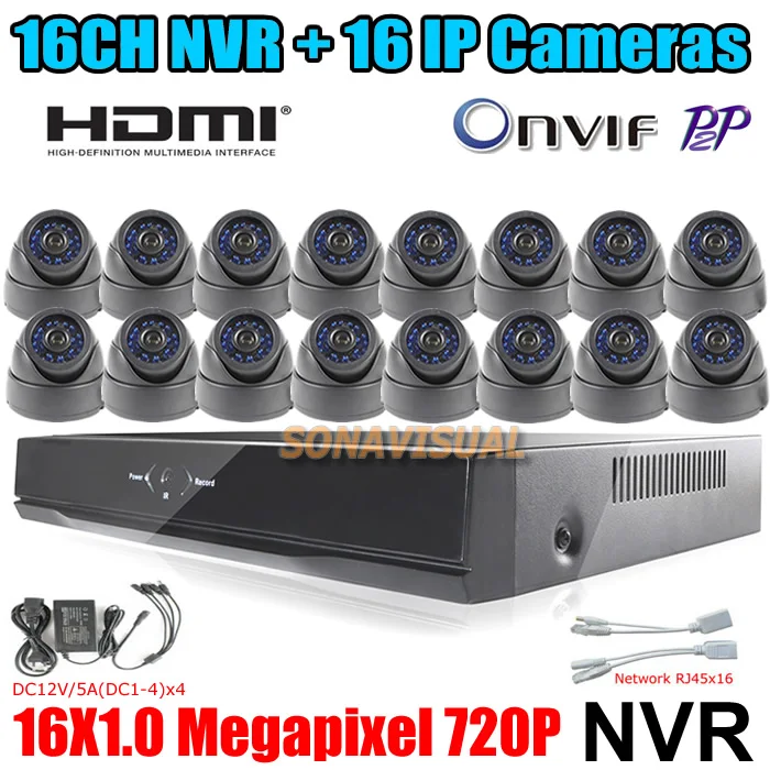 Full HD 16 канала NVR система P2P ONVIF шт. купол 1.0MP IP камера 720 P крытый ночного видения + H.264