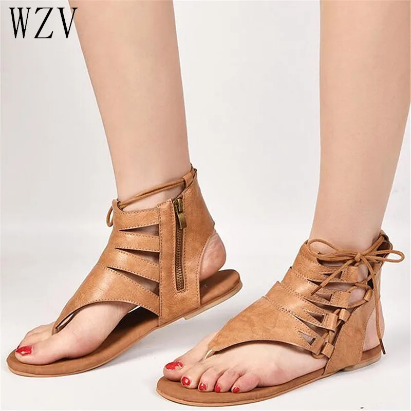 

2019 Women Sandals Vintage Summer Women Shoes Gladiator Sandals Flip-Flops for Women Beach Shoes Leather Flat Sandalias Mujer