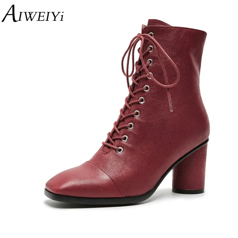 

AIWEIYi Genuine Leather Boots Women Sheepskin Black Ankle Boots Short Plush Lace Up High Quality Short Boots Black Booties