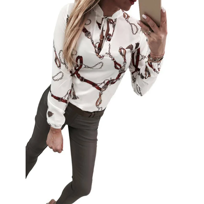 Women Sexy Blouse Summer Long Sleeve O-Neck Lace-up Shirt Woman Casual Slim OL Work Blouse Tops Ladies Clothes Camisas Mujer