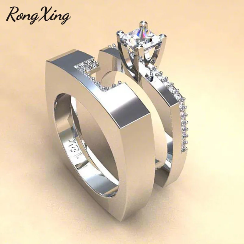 RongXing, принцесса, огранка, Белый AAA циркон, обручальное кольцо, набор, женский, 925 серебро, заполненный квадратным камнем, кольца для женщин, свадебные ювелирные изделия