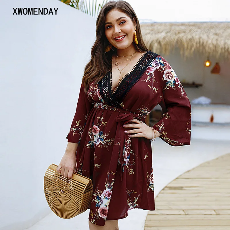 

Long Sleeve Women Dress Deep V Neck High Waist Female Plus Size 4XL Dress Summer Fashion Woman Loose Lace Up Mini Holiday Dress