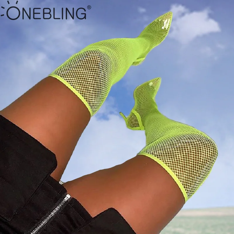 

OneBling Plus Size Over The Knee Fishnet Mesh Summer Women High Heel Boots 2019 Snakeskin Print Pointed Toe Thin Heel Boots