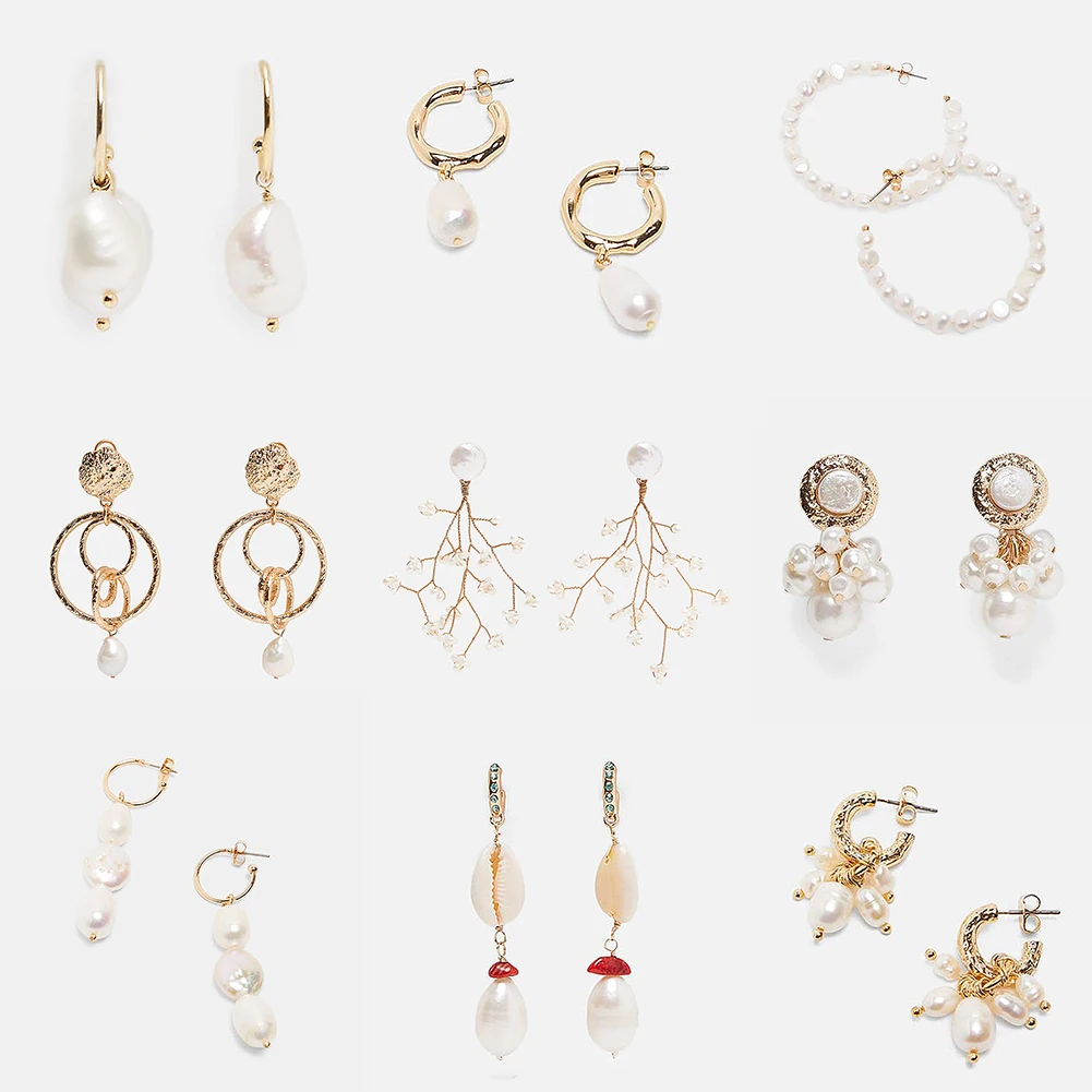 

Flatfoosie New Shell Pearl Dangle Drop Earrings Boho Geometric Gold Color Metal Hanging Earrings Wedding Party Jewelry Summer
