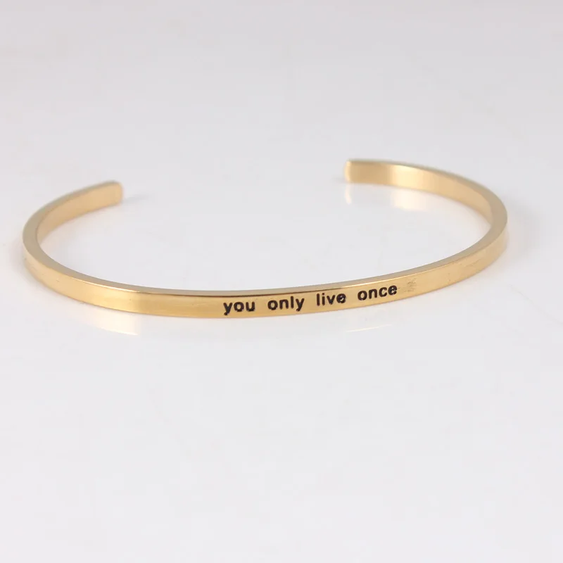 

you only live once Gold Color 316L Stainless Steel Bar Bangle Positive Inspirational Quote Cuff Mantra Bracelets For Women