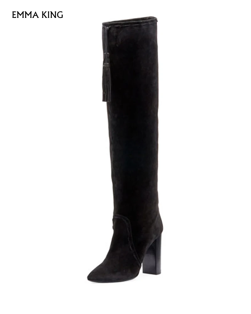 Замшевые Сапоги до колена коричневого цвета; модные вечерние сапоги на высоком каблуке с бахромой и шнуровкой; Botas Mujer2019; женская обувь; большие размеры - Цвет: black