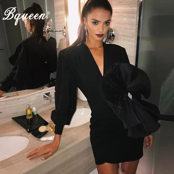 

Bqueen New Bandage Dress Solid Full Length Empire V Neck Women New Arrival 2019 Party Mini Dress With Bow Celebrity Vestidos
