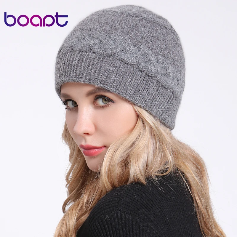 

[boapt] Twisted Braids Knitted Angora Rabbit Double layer Bonnet Caps Female Winter Hats For Women's Hat Lady Skullies Beanies