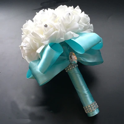 Свадебный букет цветов белая роза букет из страз невеста, свадебный цветок девушка палочка лучшие свадебные цветочные - Цвет: Sky Blue