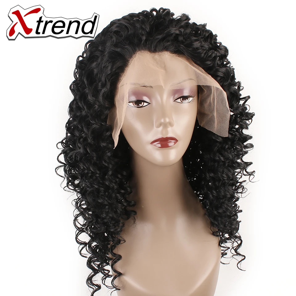 Xtrend Synthetic Lace Front Wigs 18-24inch Kanekalon Deep Wave Natural Black Hair Wig 3Combs Inside Adjustable Heat Resistant