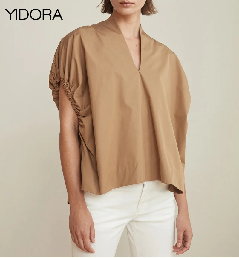 

Cotton Drop Shoulder V Neck Loose Blouse Features Short Puff Sleeves - Women 2018 New White/Khaki Solid Color Simple Style Top