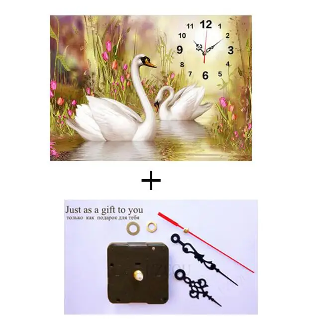 Uzequ полностью Алмазная вышивка настенные часы 5D DIY Алмазная вышивка крестиком влюбленные Лебеди часы 3D мозаика живопись Стразы - Цвет: clock painting