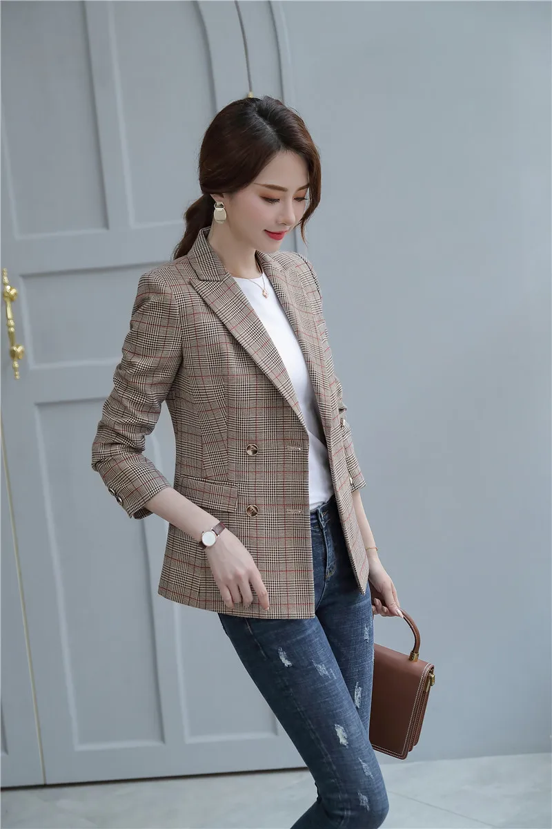 Formal Fashion Plaid Long Sleeve Women Blazers and Jackets Coat Double Breasted OL Styles Ladies Office Tops Outwear Blaser